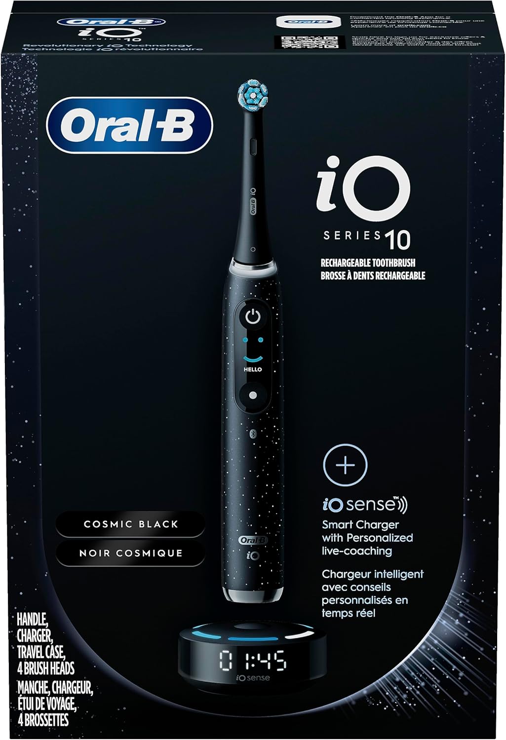 Oral-B iO Series 10 Rechargeable Electric Toothbrush with Visible Pressure Sensor to Protect Gums, 2 Min Timer, 7 Cleaning Settings, 4 Replacement Toothbrush Heads, and Charging Travel Case, Black
