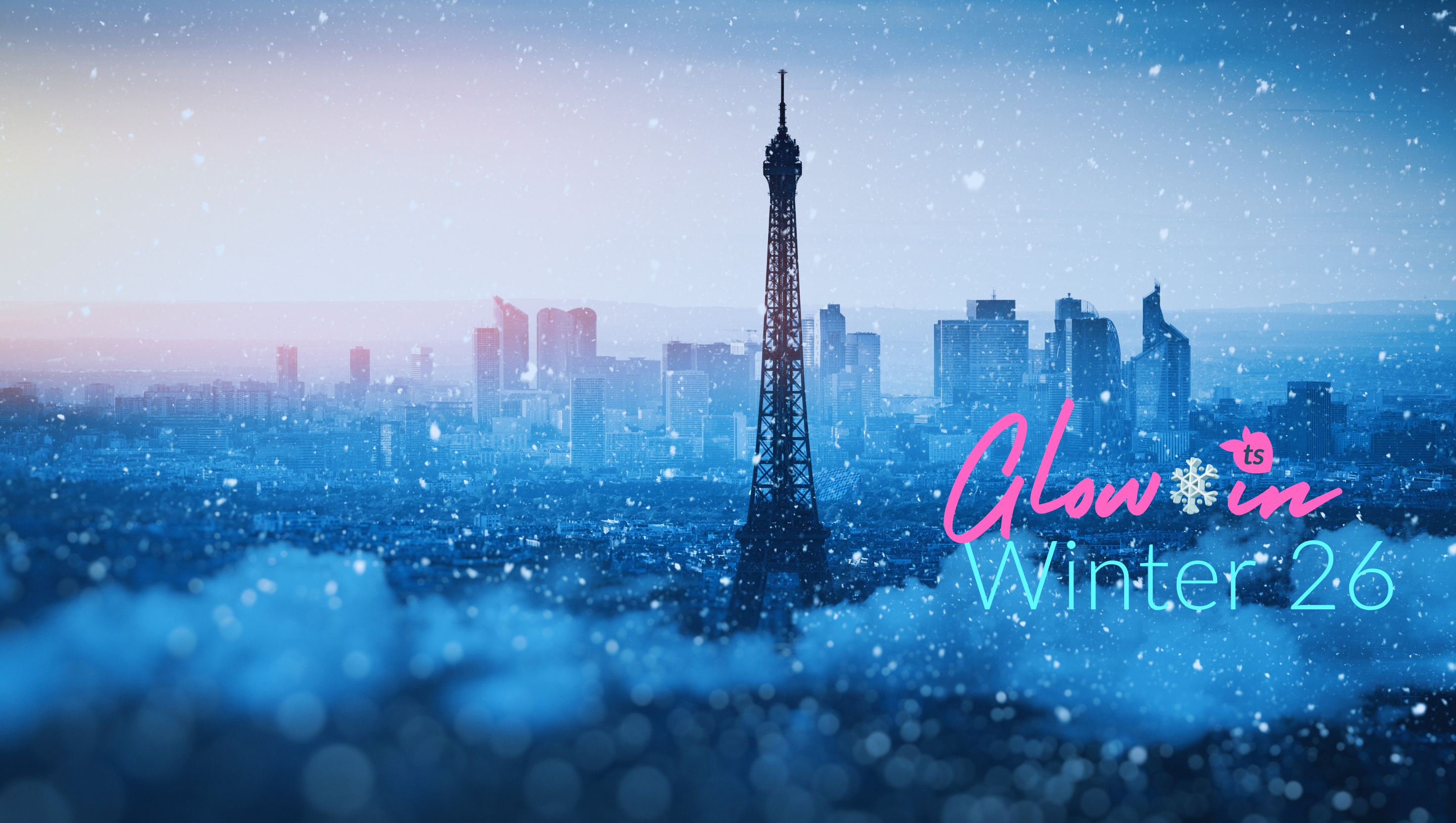 Cityscape with Eiffel Tower at night, 'Glow in Winter 26' text overlay