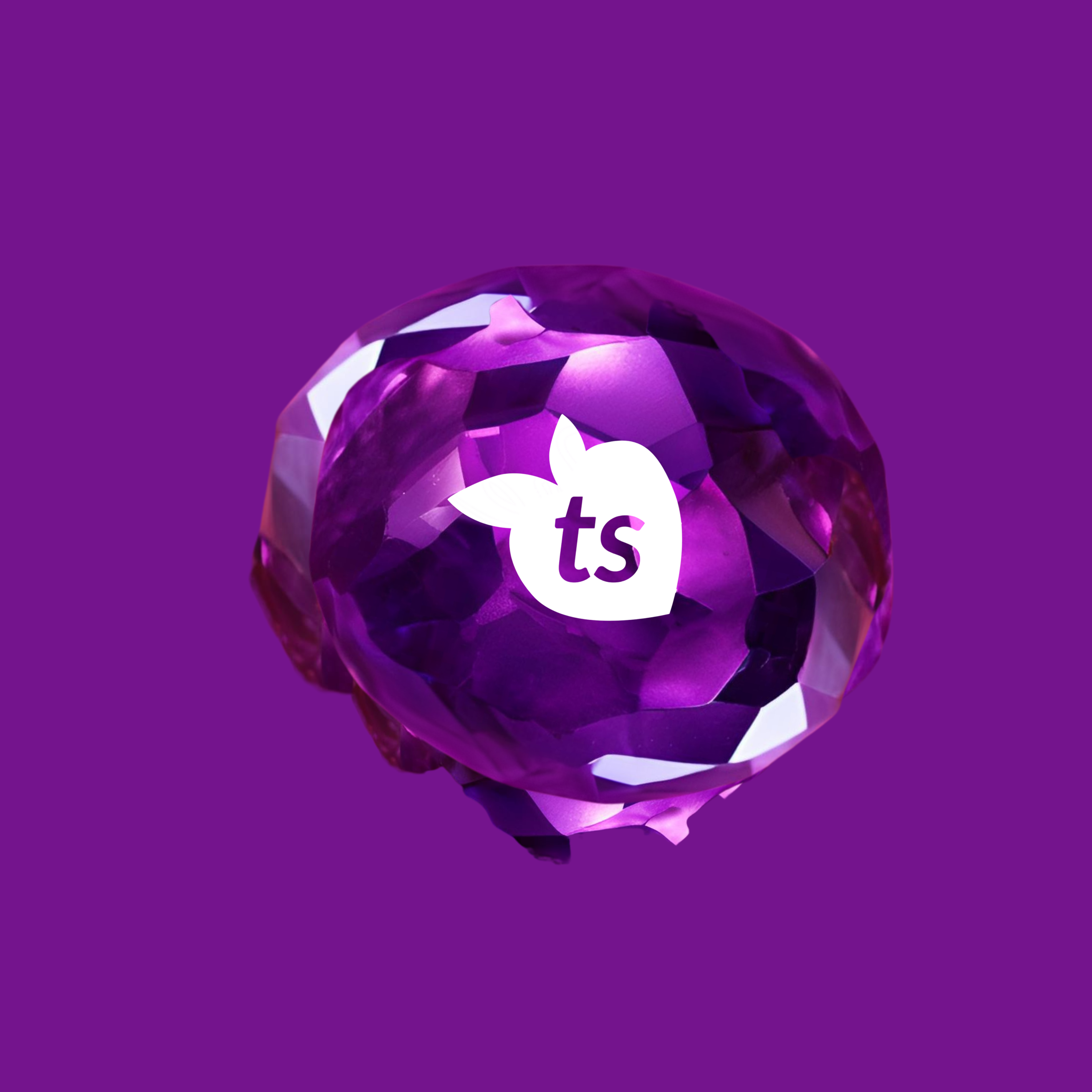 Purple gemstone with a logo on a purple background