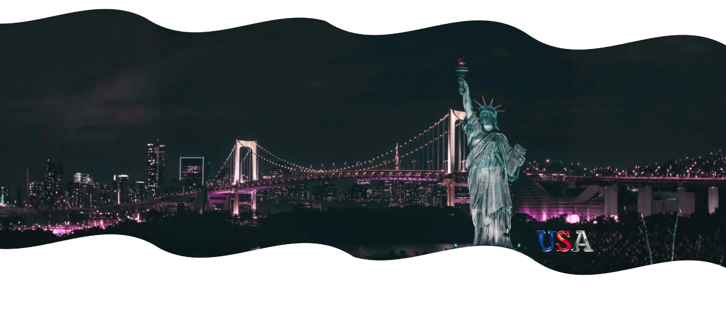 Statue of Liberty with a cityscape background featuring a bridge and skyline.